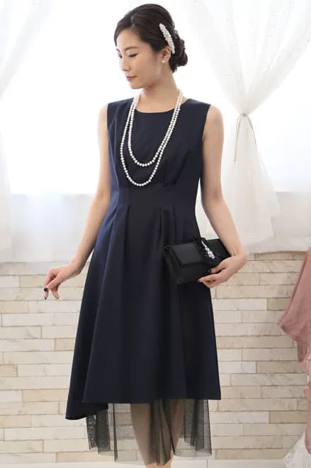ネイビーのチュール付きノースリーブドレスコーディネートセット