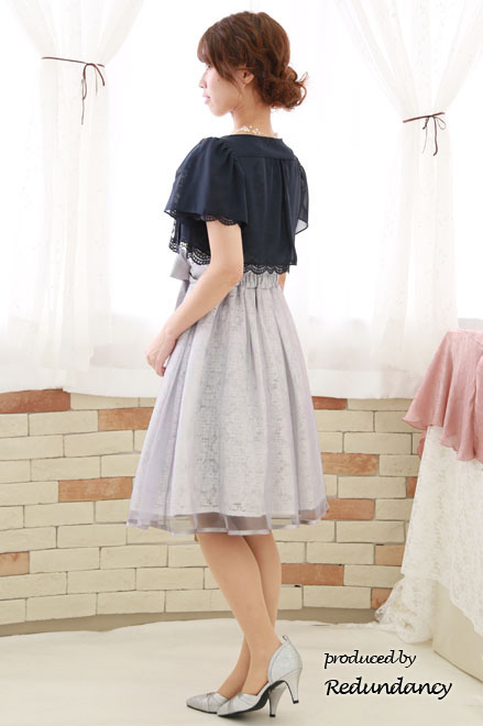 シルバーのシャンタン×チュールフレアドレス