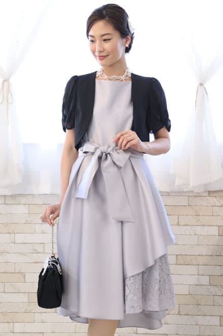 シルバーのポイントレースウエストリボン付きドレスコーディネートセット