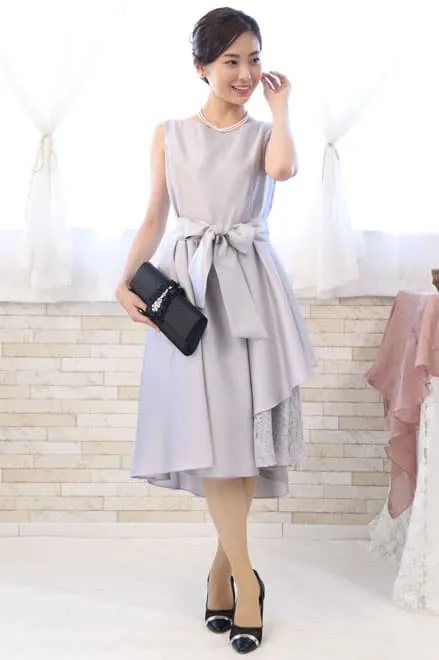 シルバーのポイントレースウエストリボン付きドレスコーディネートセット