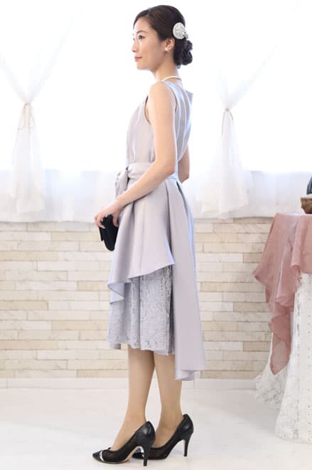 シルバーのポイントレースウエストリボン付きドレスコーディネートセット