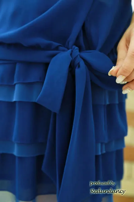 ブルーのシフォン×チュールのフリルスカートドレス