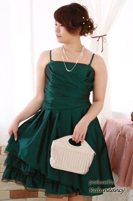 グリーンのシャンタンフリルキャミソールドレス