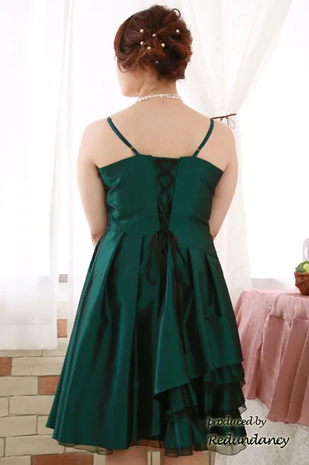 グリーンのシャンタンフリルキャミソールドレス