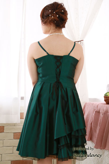 グリーンのシャンタンフリルキャミソールドレス