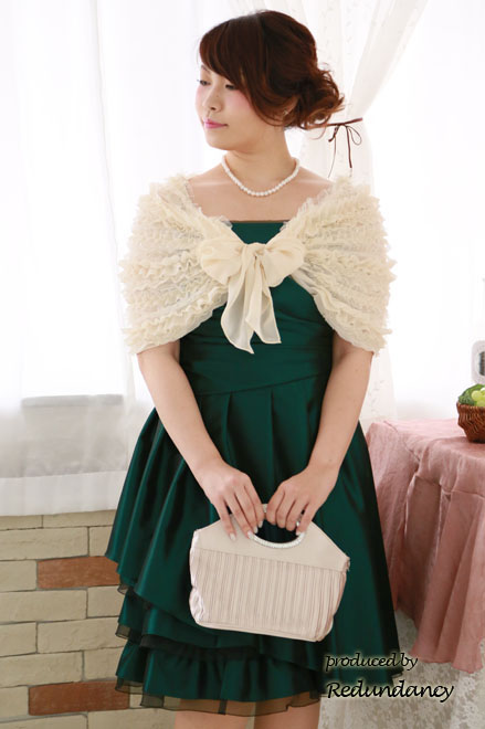 グリーンのシャンタンフリルキャミソールドレス