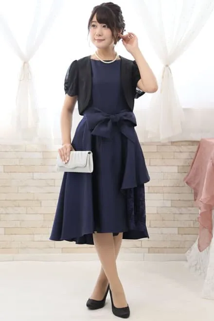 ネイビーのポイントレースウエストリボン付きドレスコーディネートセット