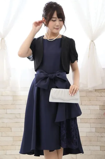ネイビーのポイントレースウエストリボン付きドレスコーディネートセット