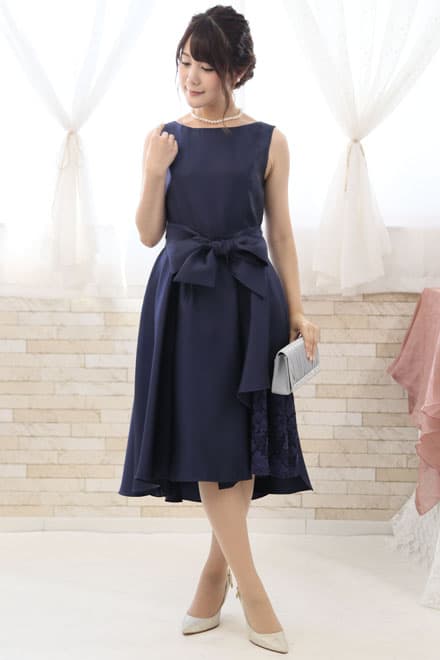 ネイビーのポイントレースウエストリボン付きドレスコーディネートセット