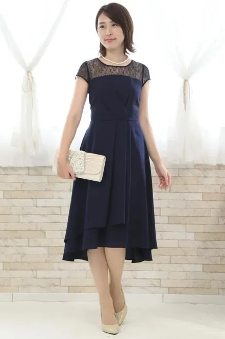 ネイビーの胸元レース切替えフィッシュテールドレスコーディネートセット