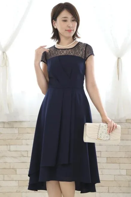 ネイビーの胸元レース切替えフィッシュテールドレスコーディネートセット