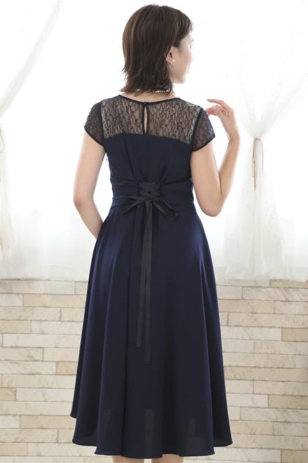 ネイビーの胸元レース切替えフィッシュテールドレスコーディネートセット