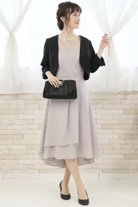 グレーの胸元レース切替えフィッシュテールドレスコーディネートセット