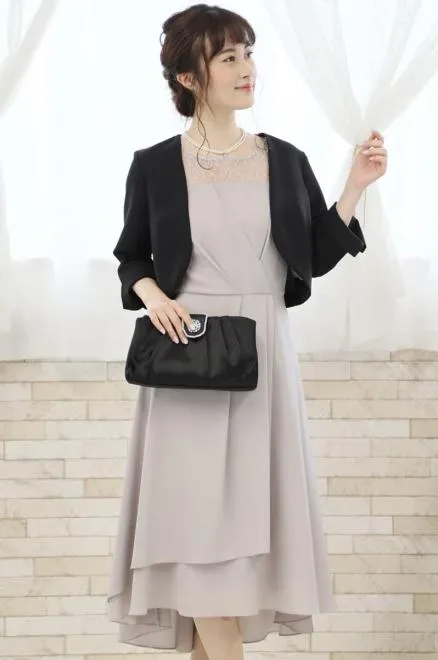 グレーの胸元レース切替えフィッシュテールドレスコーディネートセット