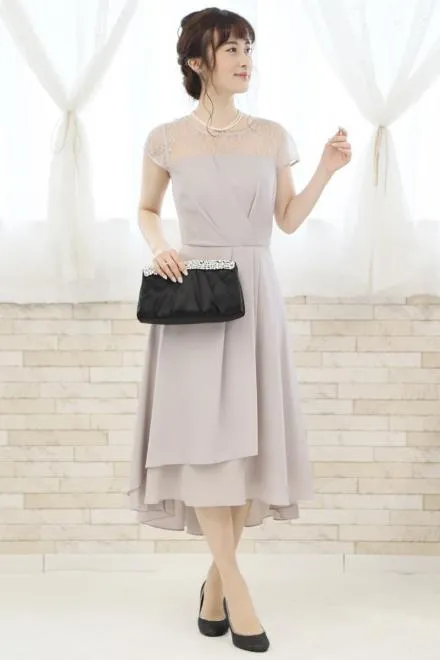 グレーの胸元レース切替えフィッシュテールドレスコーディネートセット