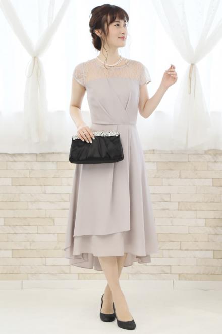 グレーの胸元レース切替えフィッシュテールドレスコーディネートセット