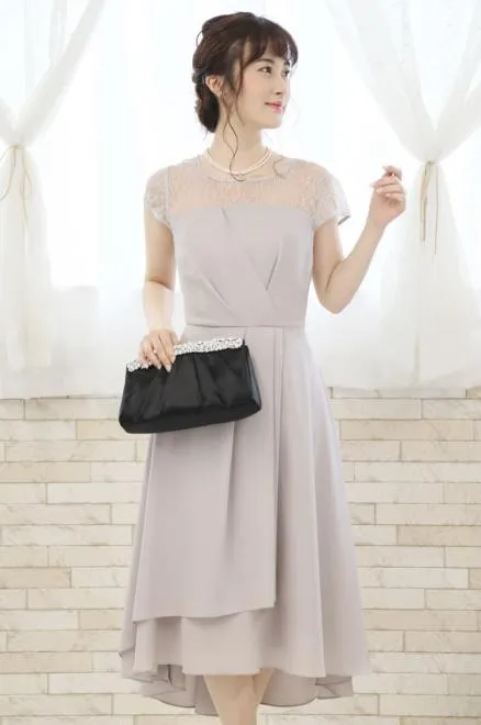 グレーの胸元レース切替えフィッシュテールドレスコーディネートセット