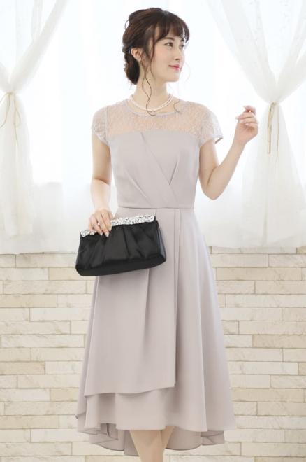 グレーの胸元レース切替えフィッシュテールドレスコーディネートセット