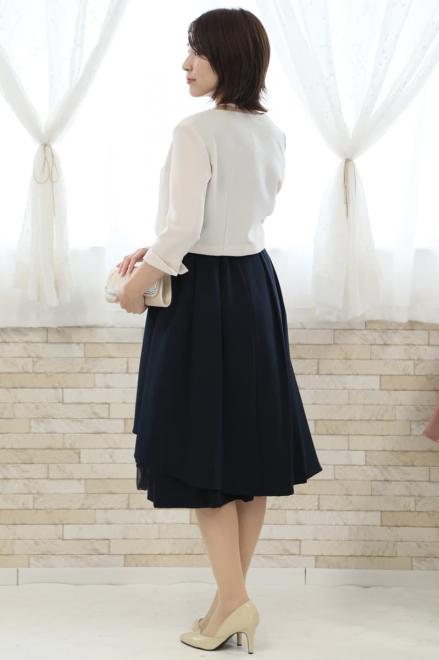 ネイビーのウエストリボン付きレースドレスコーディネートセット