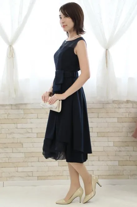 ネイビーのウエストリボン付きレースドレスコーディネートセット