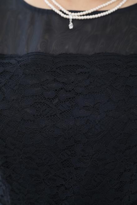 ネイビーのウエストリボン付きレースドレスコーディネートセット