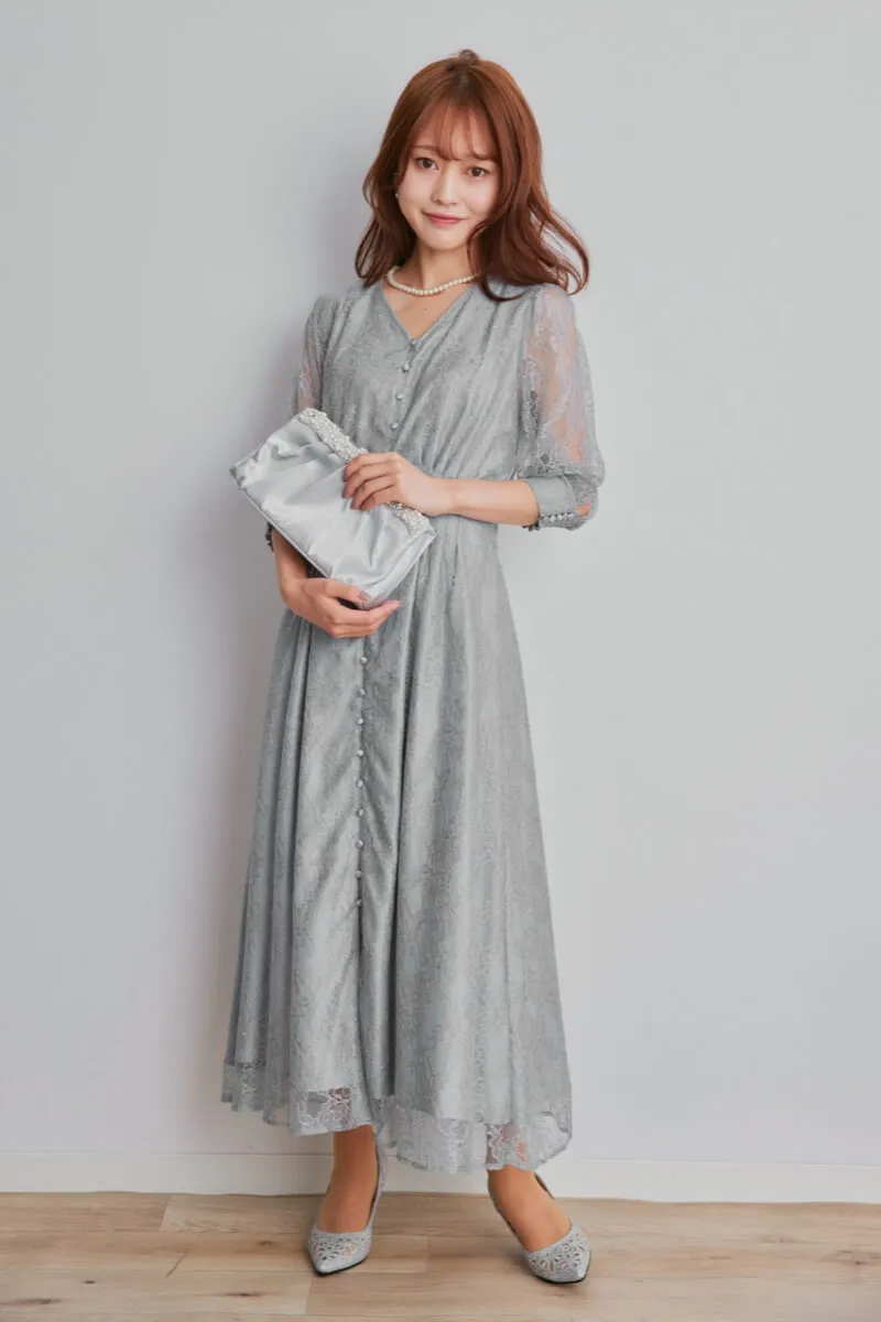 ブルーグレーのくるみボタン総レースドレス