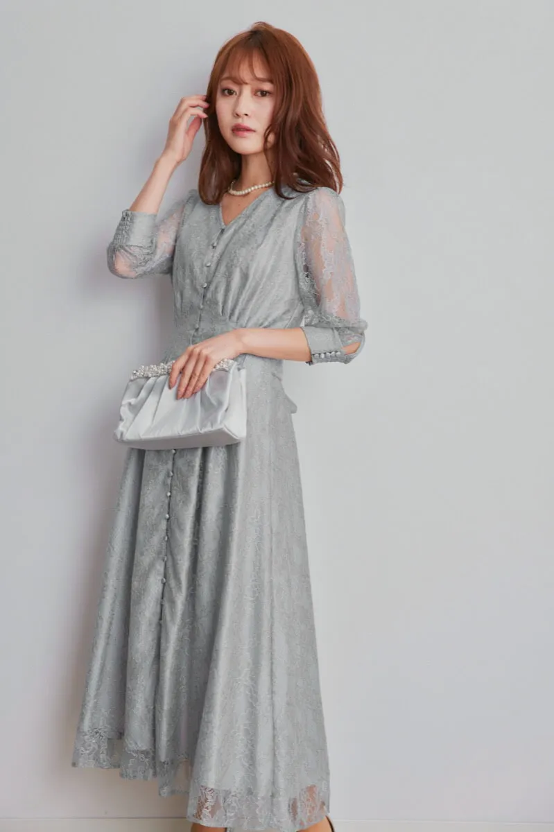 ブルーグレーのくるみボタン総レースドレス