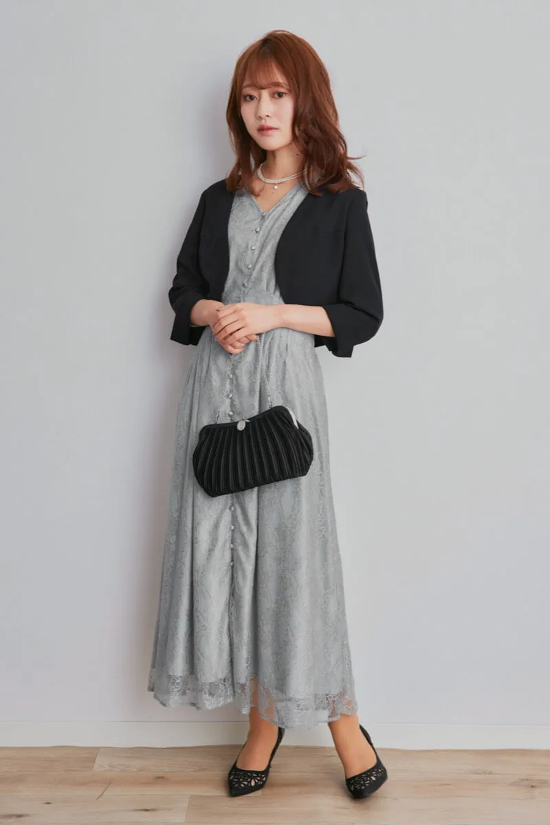 ブルーグレーのくるみボタン総レースドレス