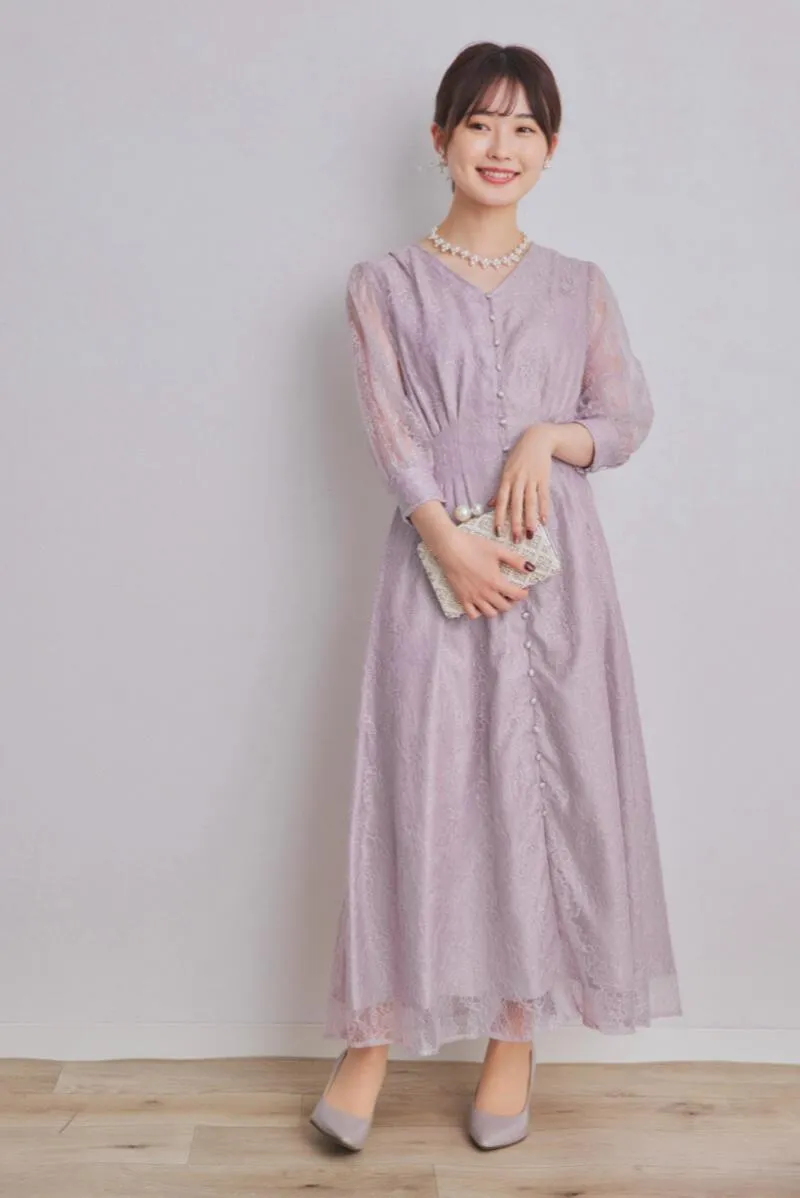 ラベンダーのくるみボタン総レースドレス