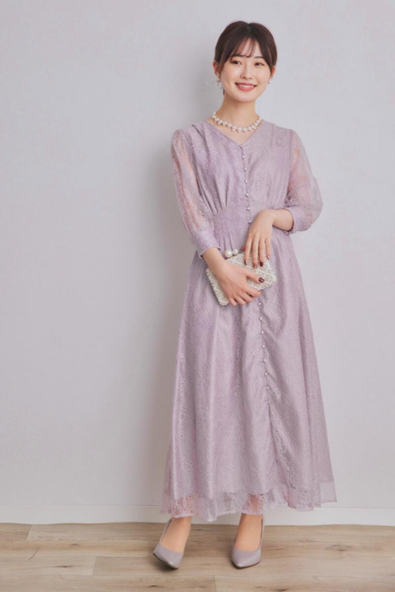 ラベンダーのくるみボタン総レースドレス