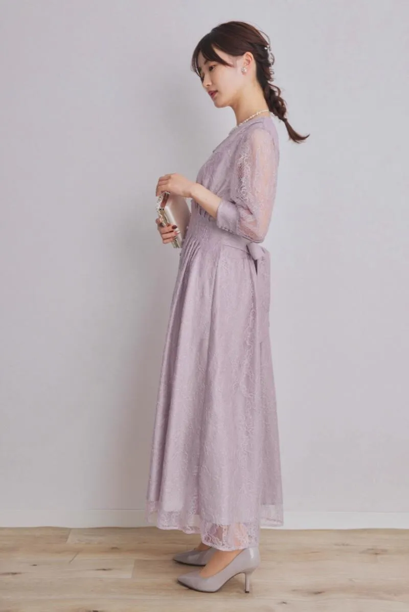 ラベンダーのくるみボタン総レースドレス