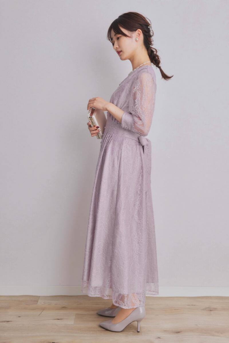 ラベンダーのくるみボタン総レースドレス