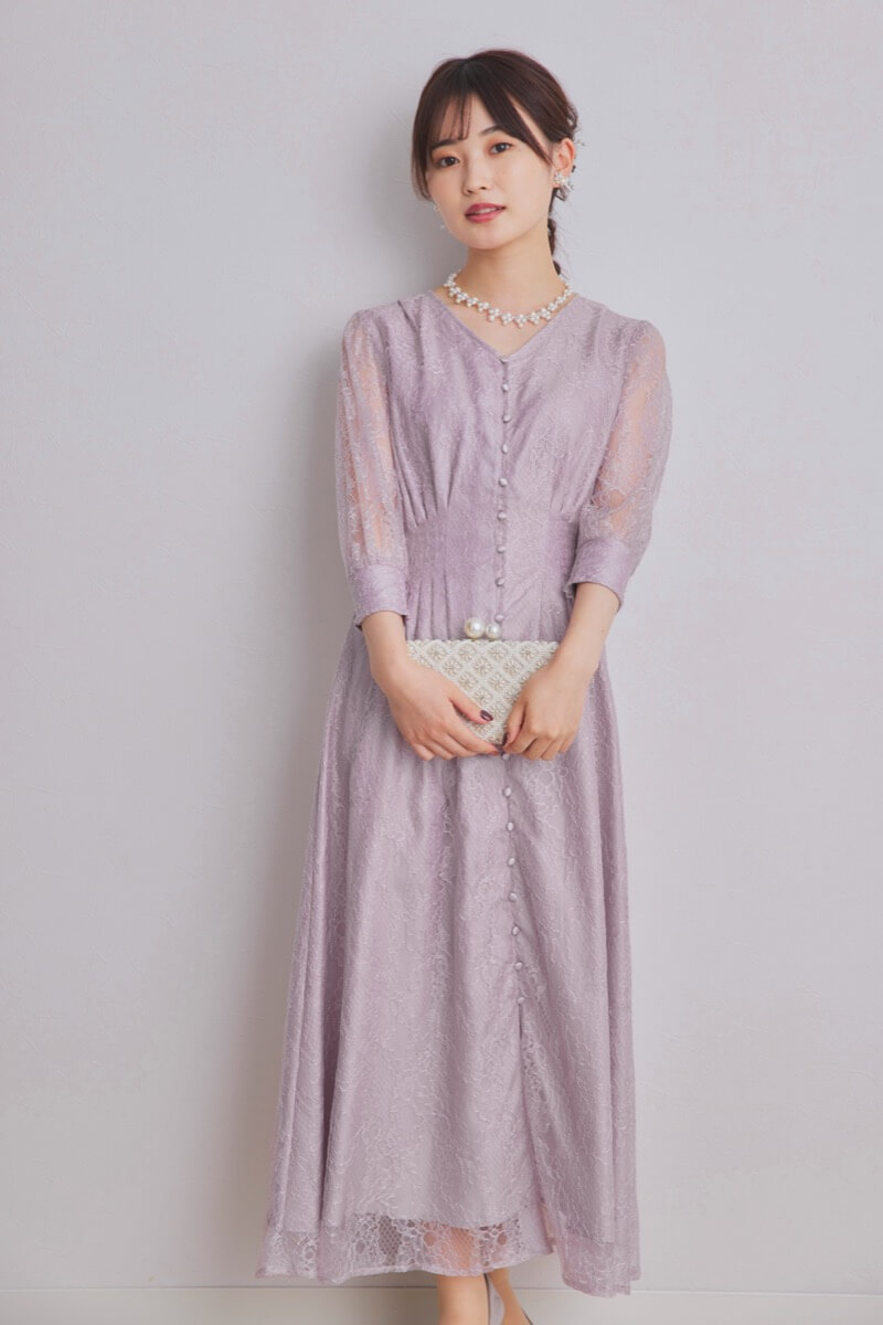 ラベンダーのくるみボタン総レースドレス