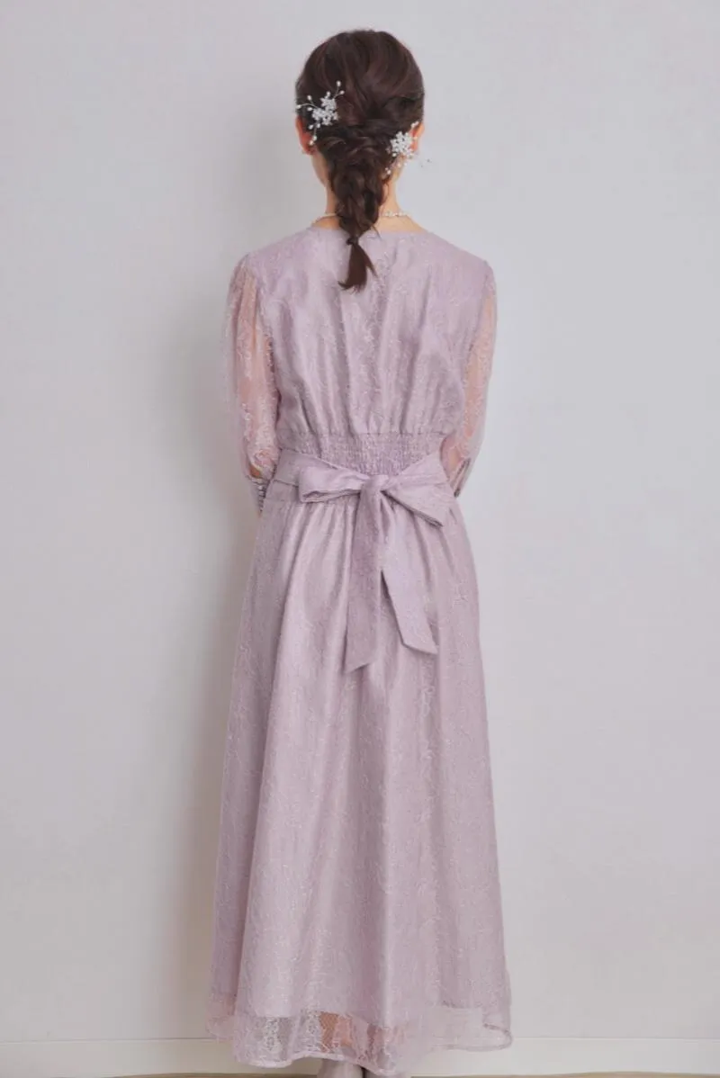 ラベンダーのくるみボタン総レースドレス