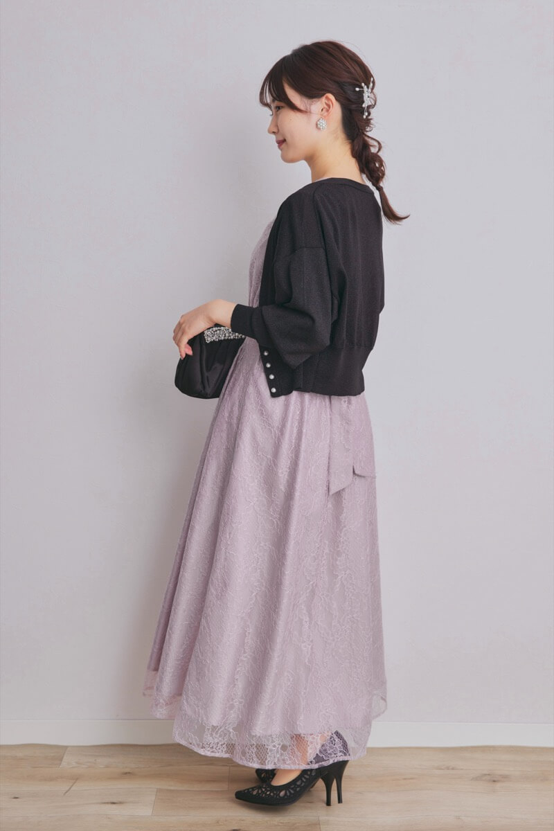 ラベンダーのくるみボタン総レースドレス