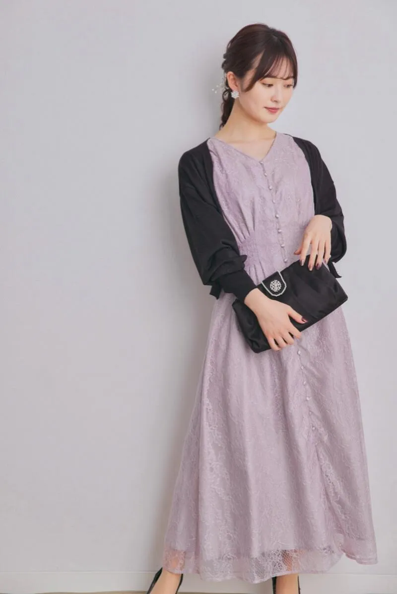 ラベンダーのくるみボタン総レースドレス