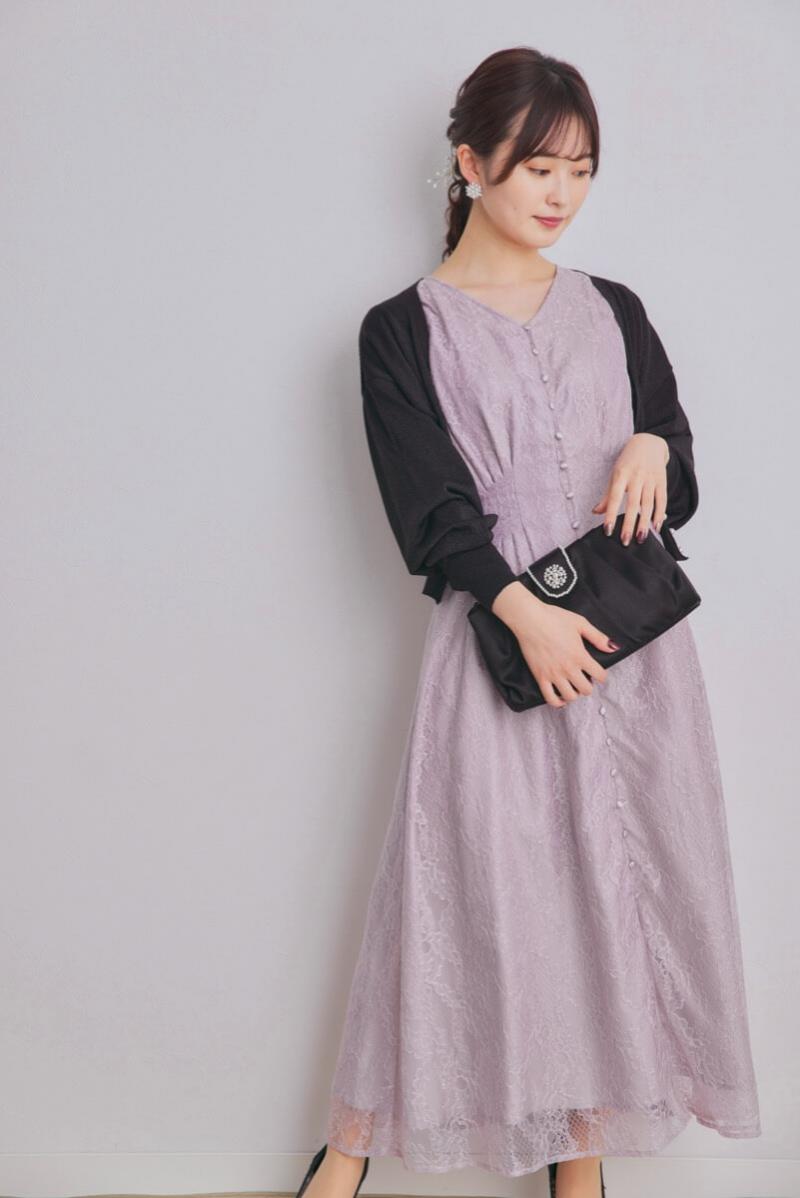 ラベンダーのくるみボタン総レースドレス