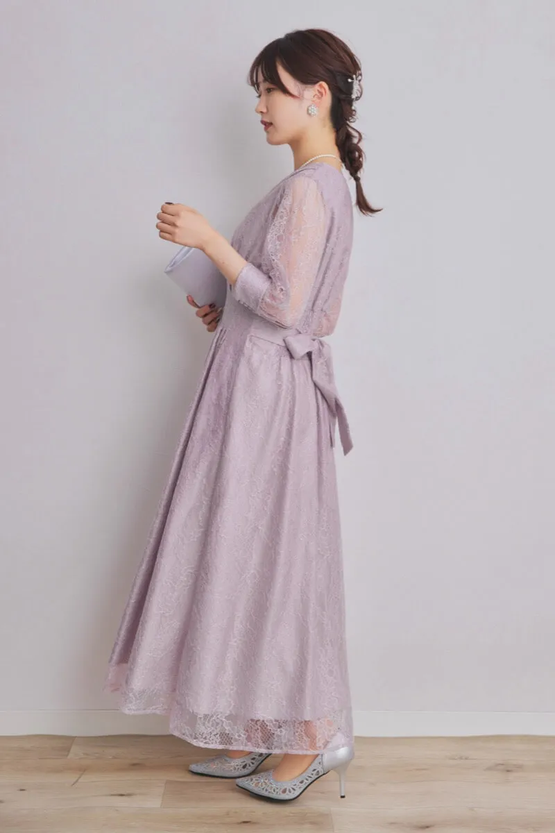 ラベンダーのくるみボタン総レースドレス