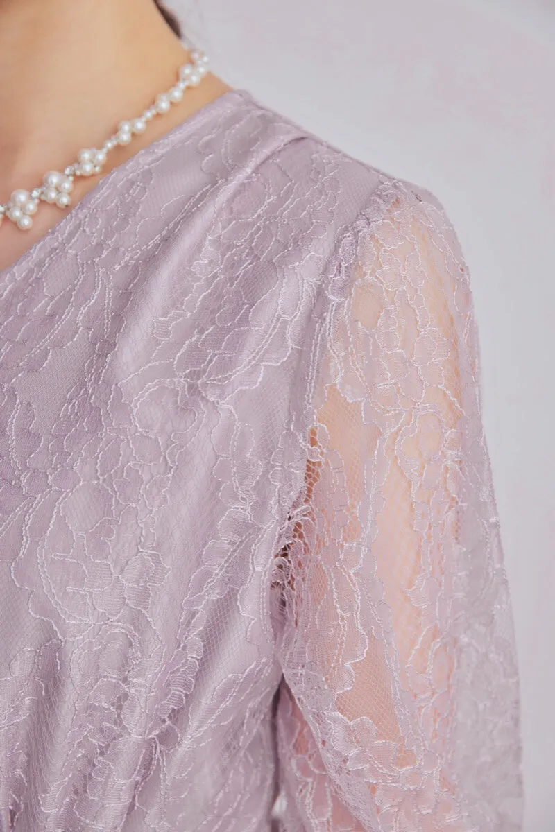 ラベンダーのくるみボタン総レースドレス