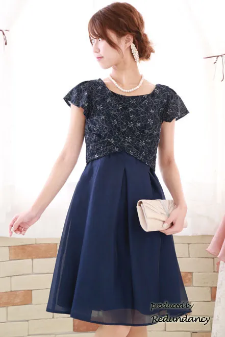 ネイビー×シルバーの花柄クロスドレス