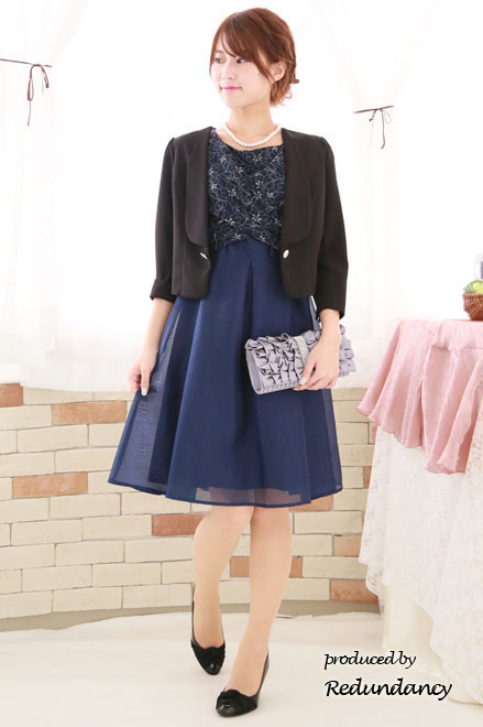 ネイビー×シルバーの花柄クロスドレス