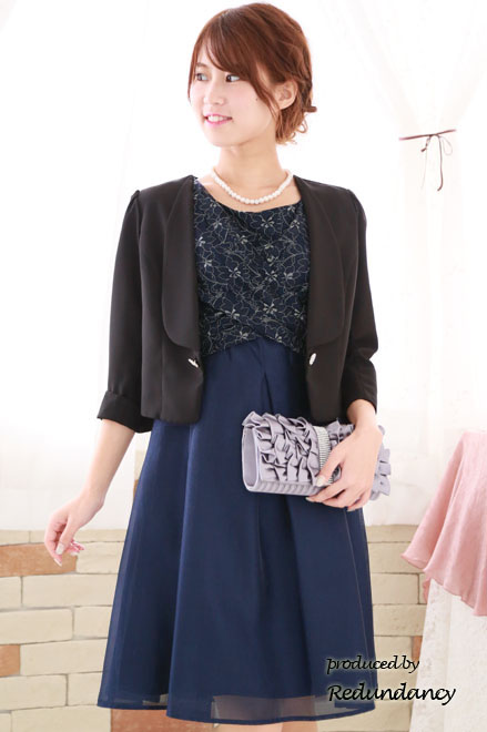 ネイビー×シルバーの花柄クロスドレス