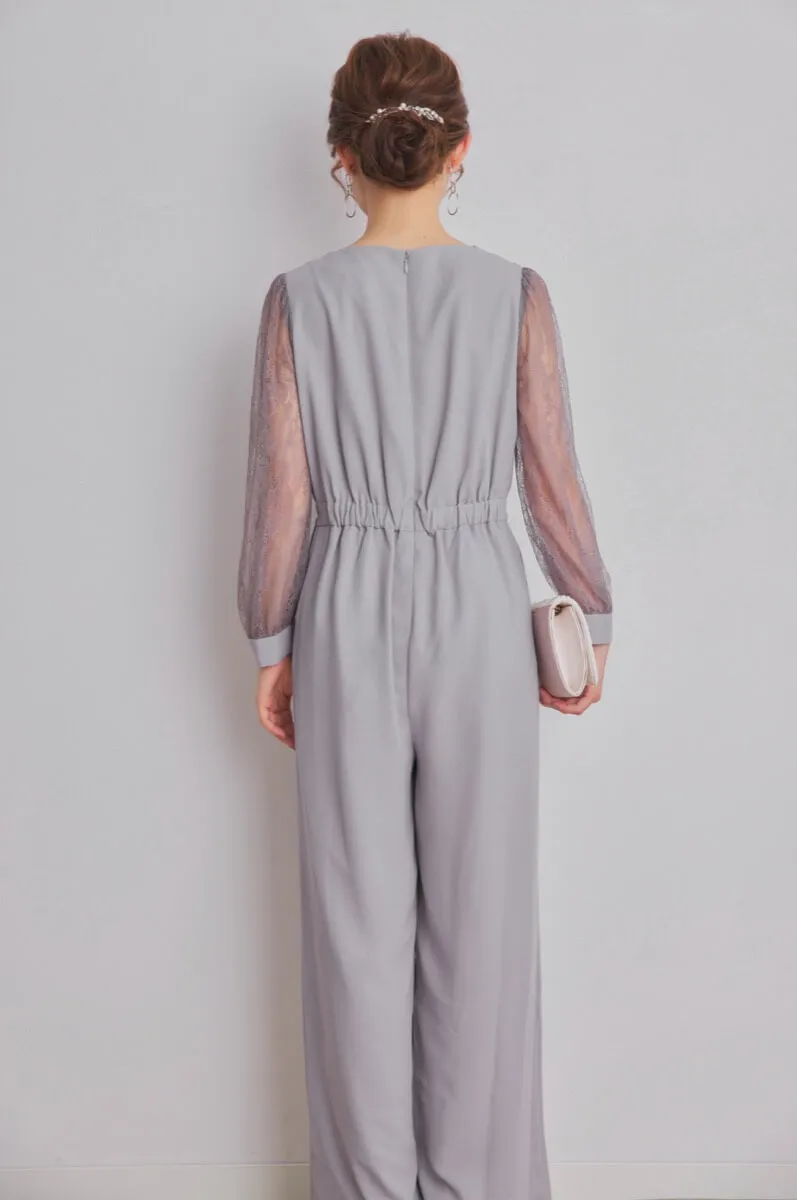 グレーのレース袖カシュクールパンツドレス