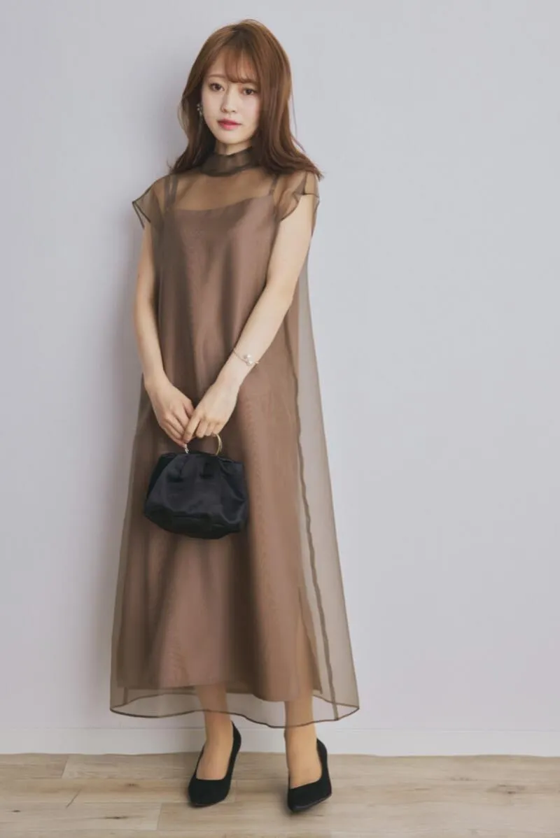 ブラウンのアシメインナーオーガンジードレス