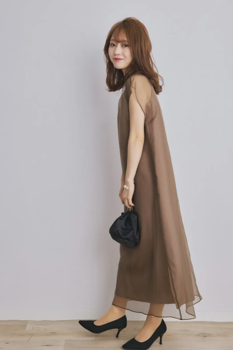 ブラウンのアシメインナーオーガンジードレス