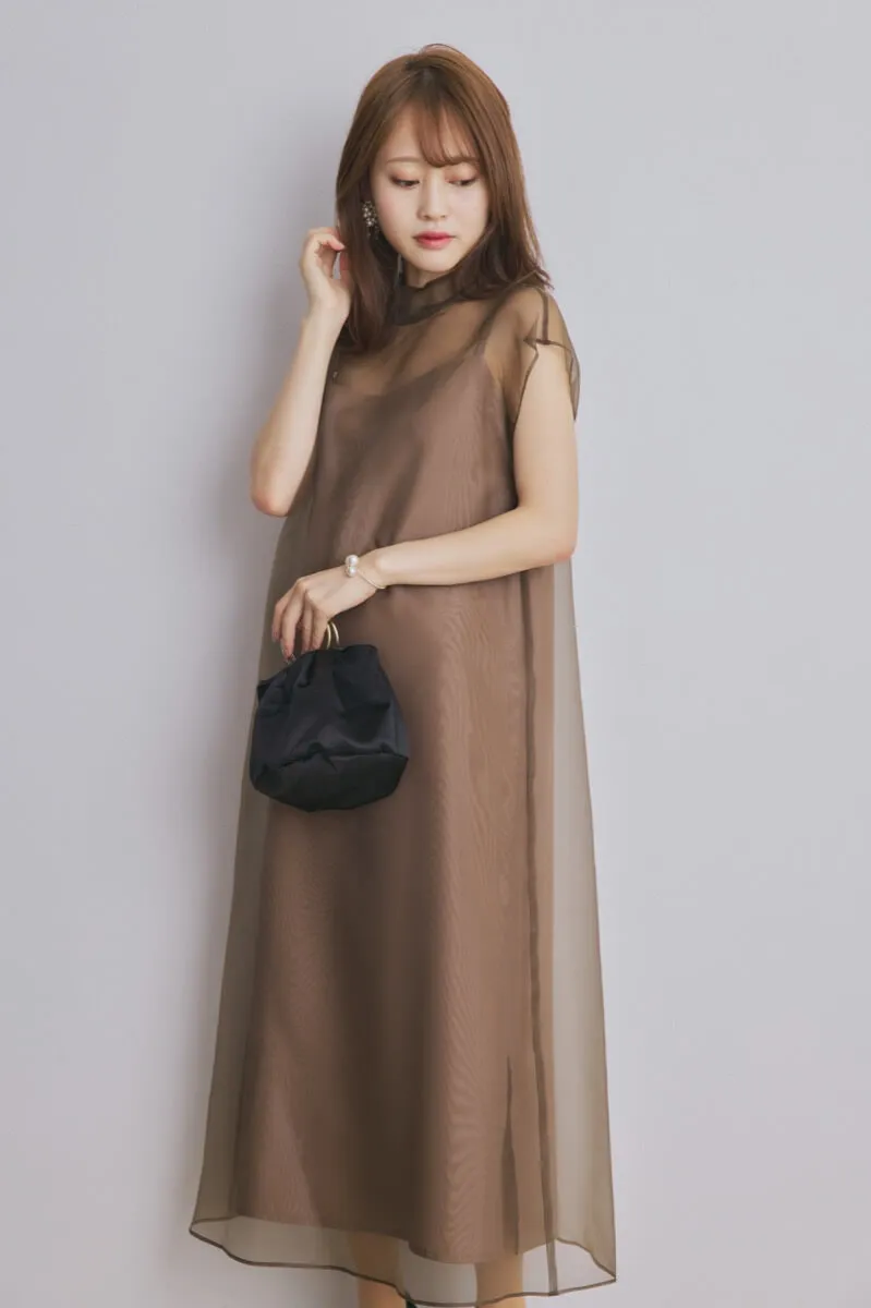 ブラウンのアシメインナーオーガンジードレス
