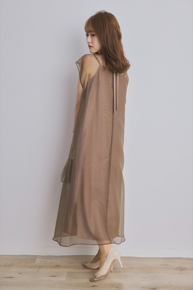 ブラウンのアシメインナーオーガンジードレス