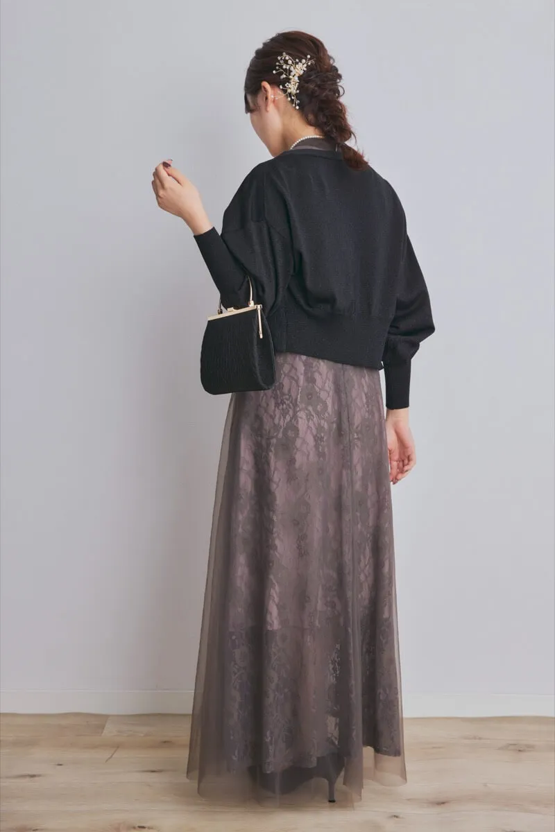 グレーのハイウエストチュールレースドレス