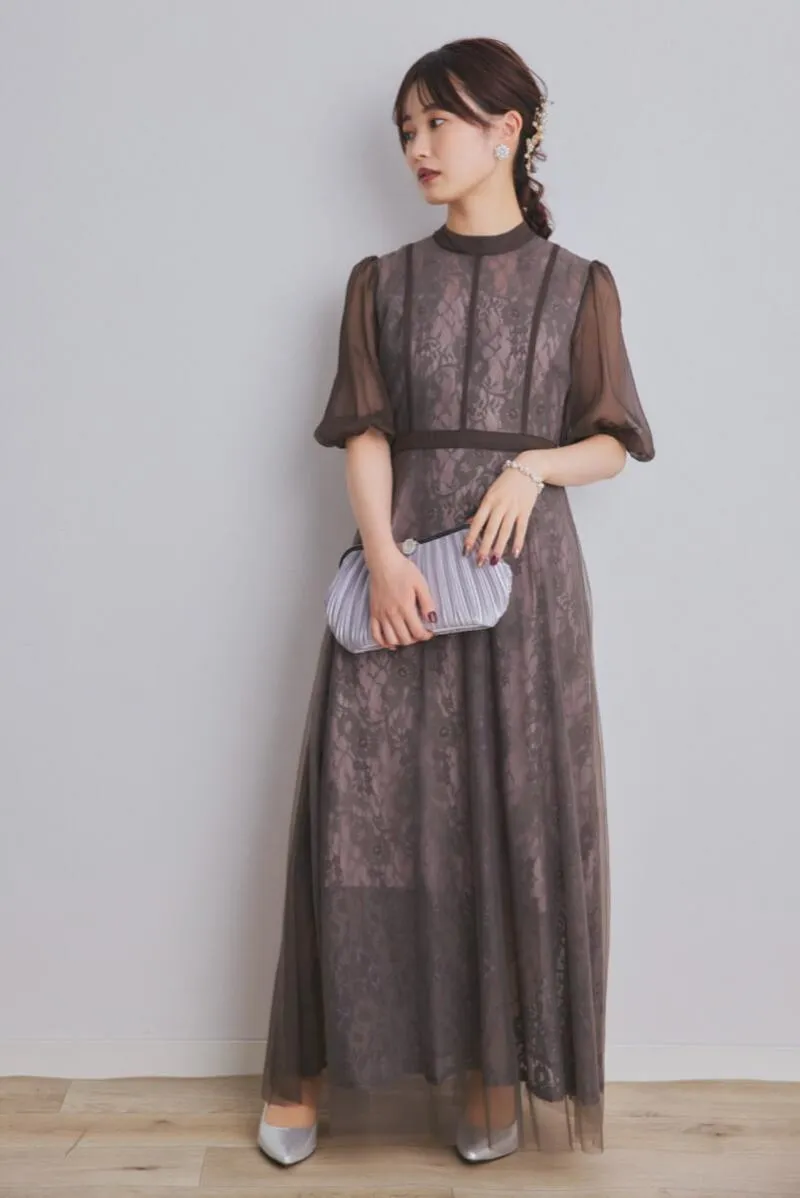 グレーのハイウエストチュールレースドレス