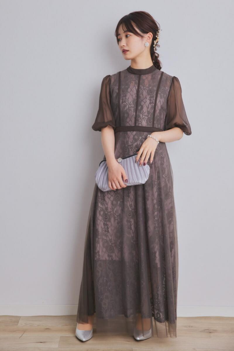 グレーのハイウエストチュールレースドレス